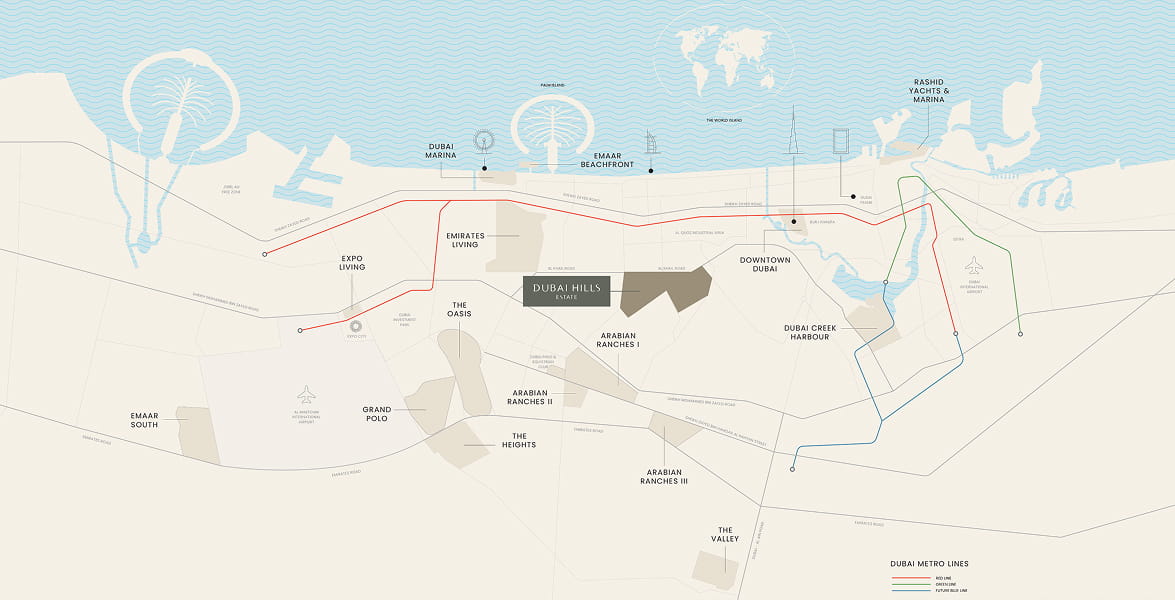Map of Dubai Hills Estate and its surroundings