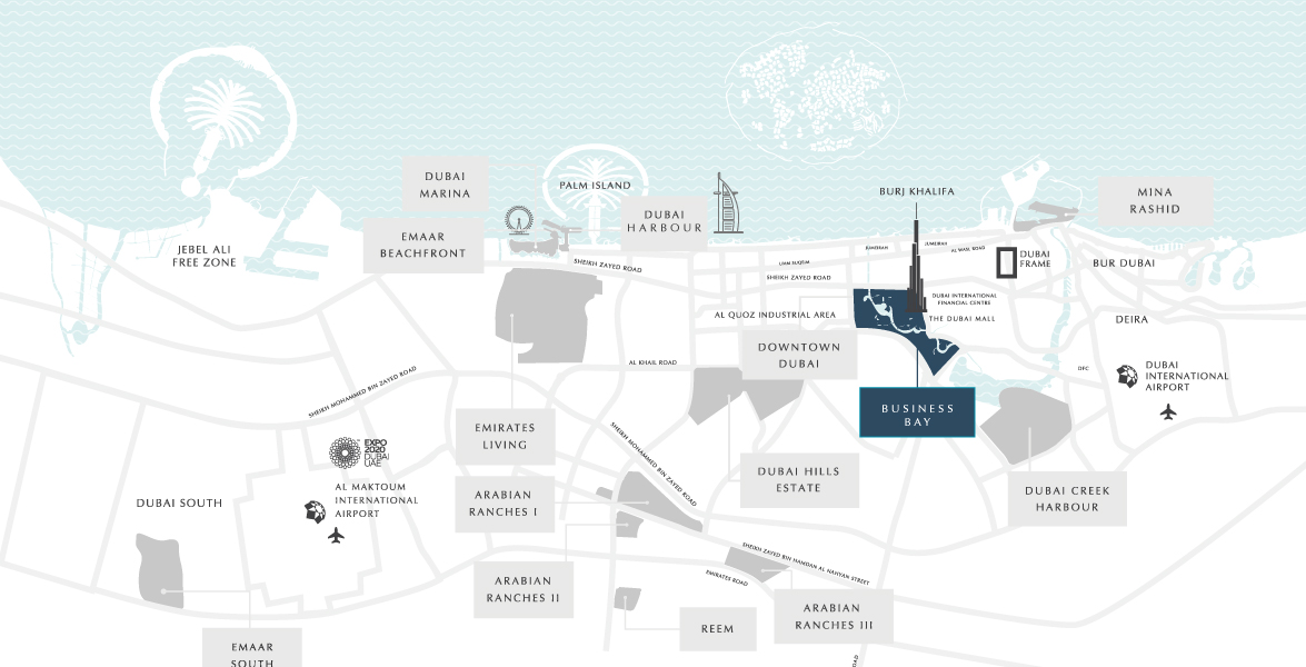 Map of Business Bay and its surroundings