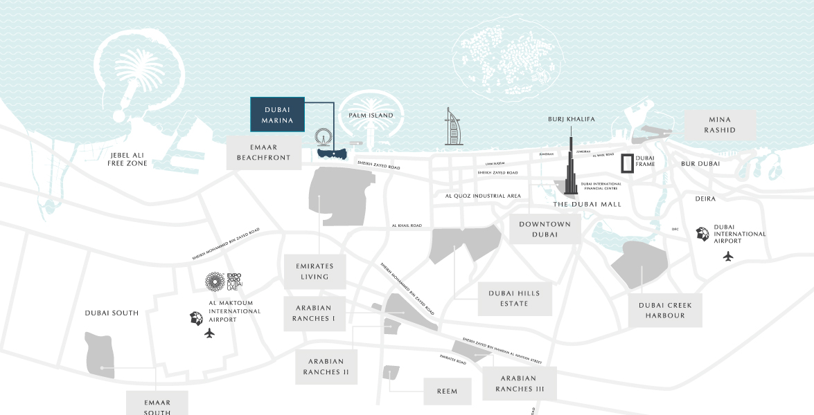 Map of Dubai Marina and its surroundings