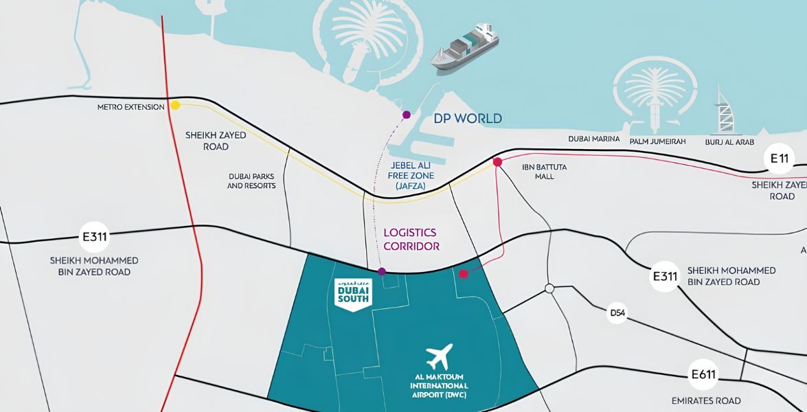 Map of Dubai South and its surroundings