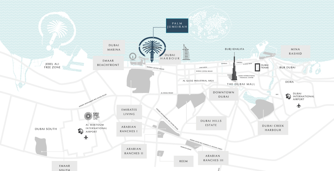 Map of Palm Jumeirah and its surroundings