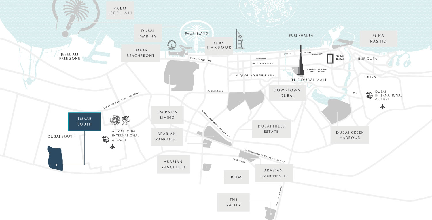 Map of Emaar South and its surroundings