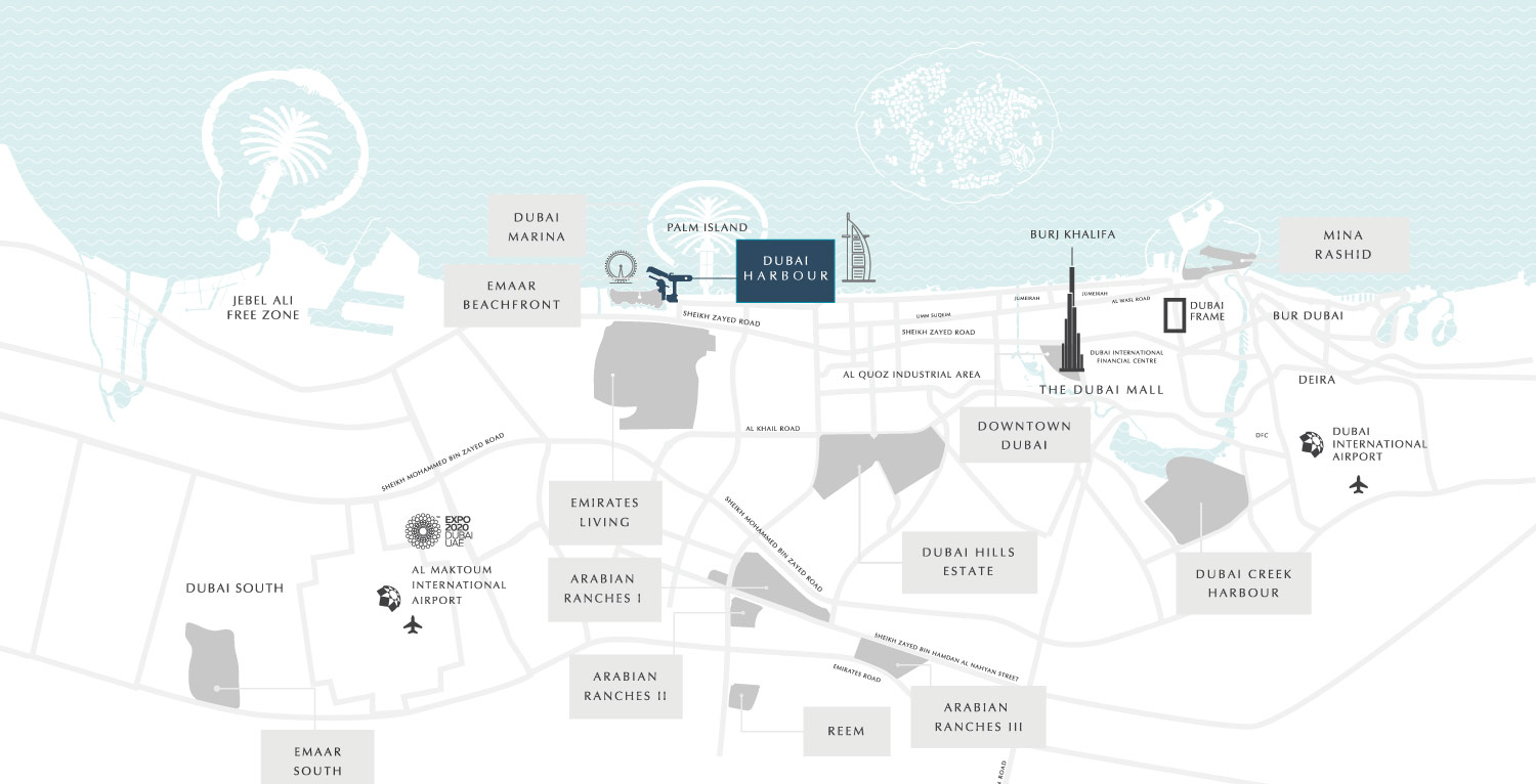 Map of Dubai Harbour and its surroundings