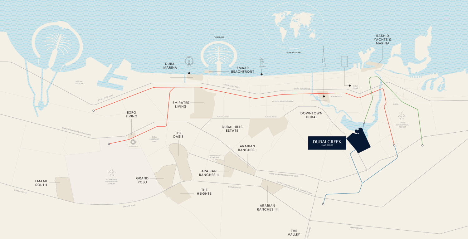 Map of Dubai Creek Harbour and its surroundings