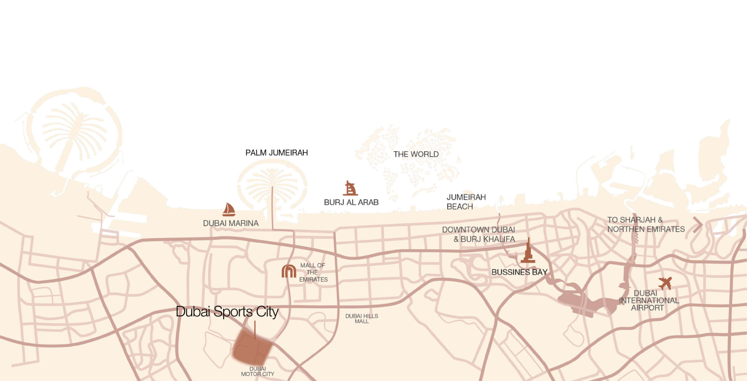 Map of Dubai Sports City and its surroundings