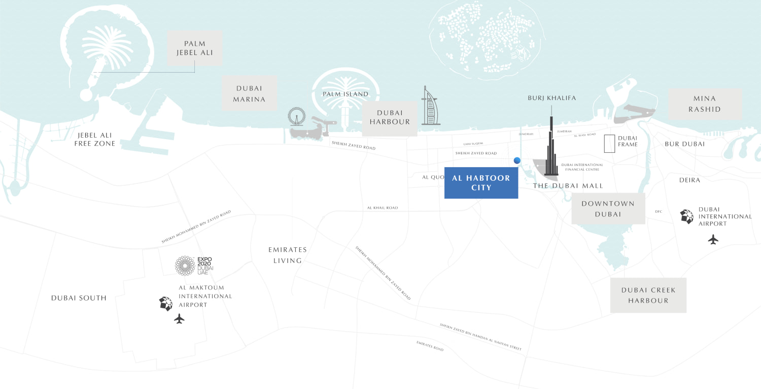 Map of Al Habtoor City and its surroundings