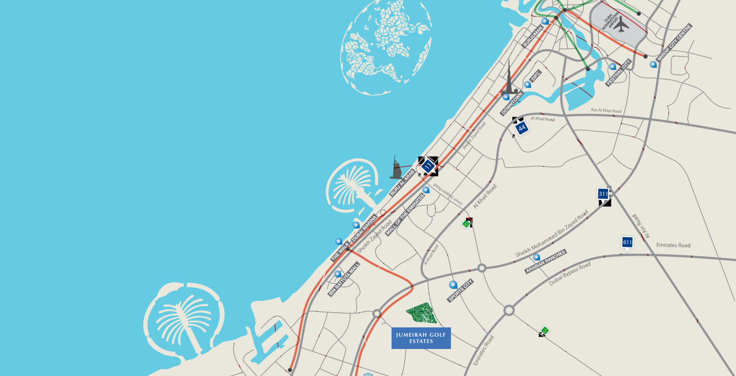 Map of Jumeirah Golf Estates and its surroundings