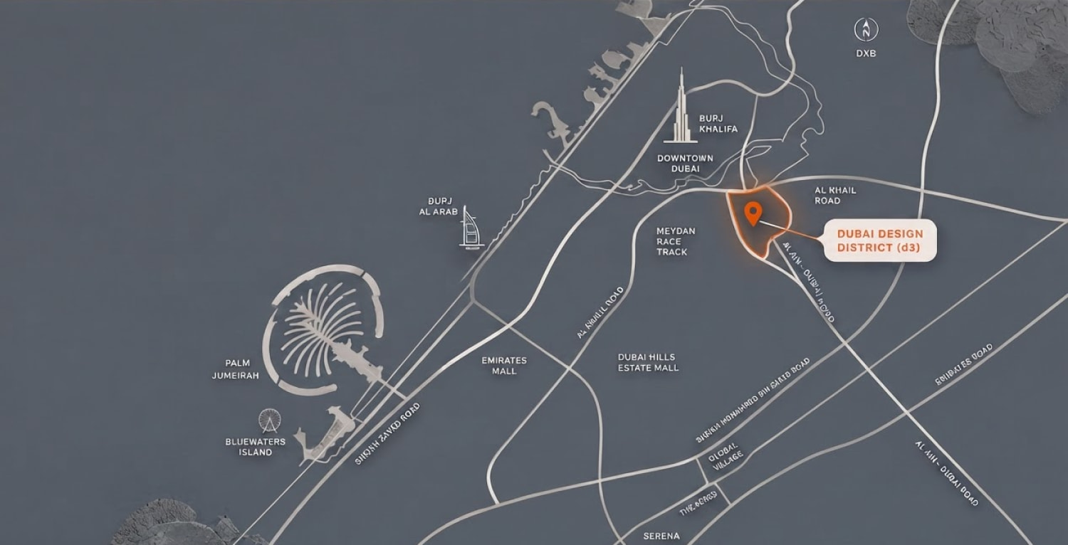 Map of Dubai Design District and its surroundings