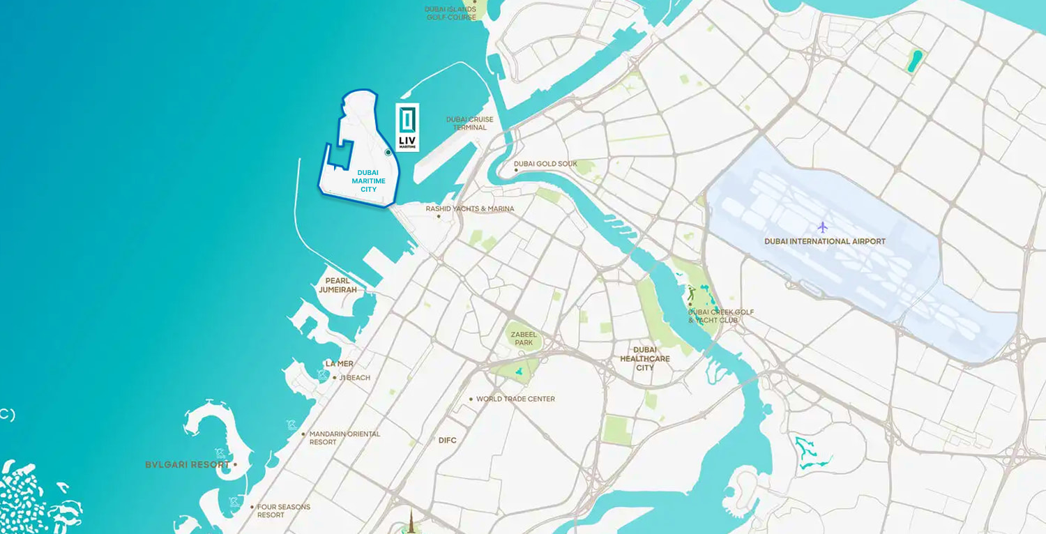 Map of Dubai Maritime City and its surroundings