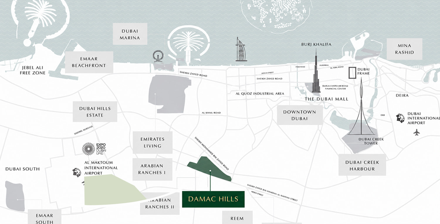 Map of DAMAC Hills and its surroundings