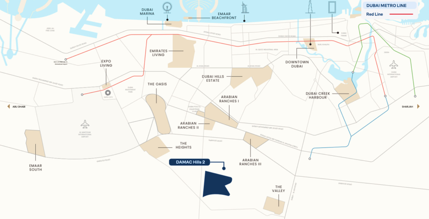 Map of Damac Hills 2 and its surroundings