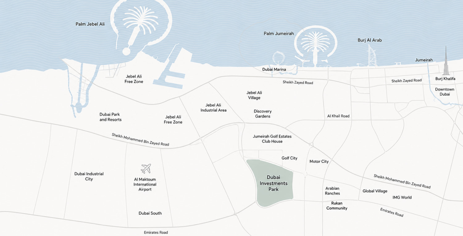 Map of Dubai Investments Park and its surroundings