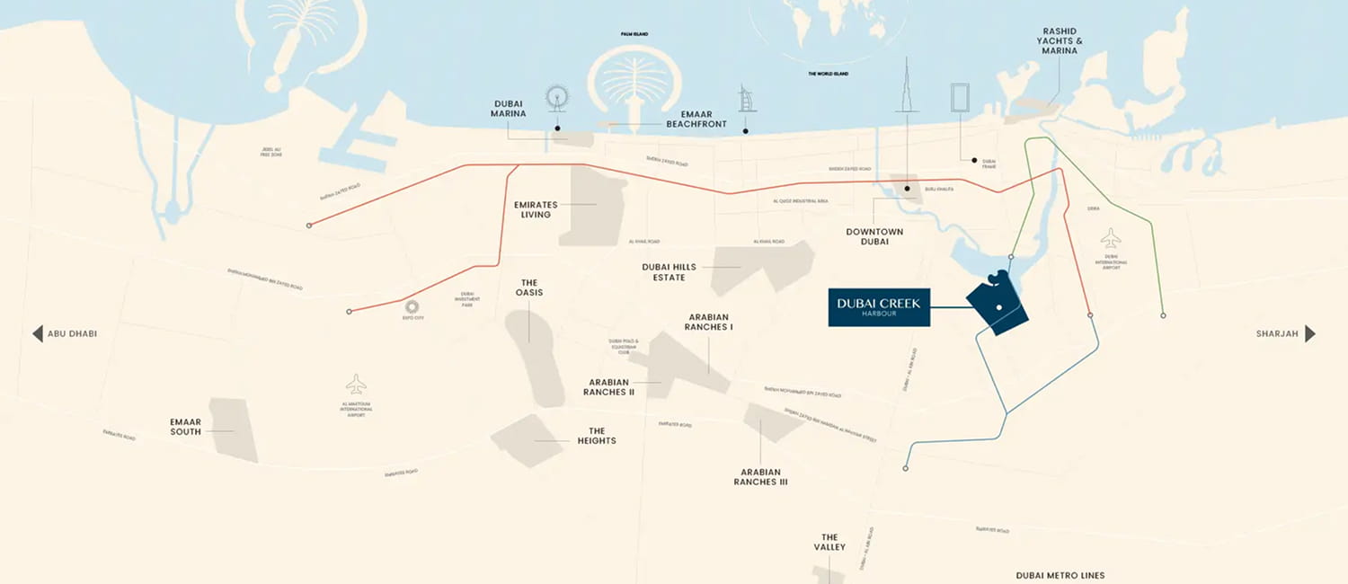 Map showing the location of Dubai Creek Gardens in Al Jaddaf