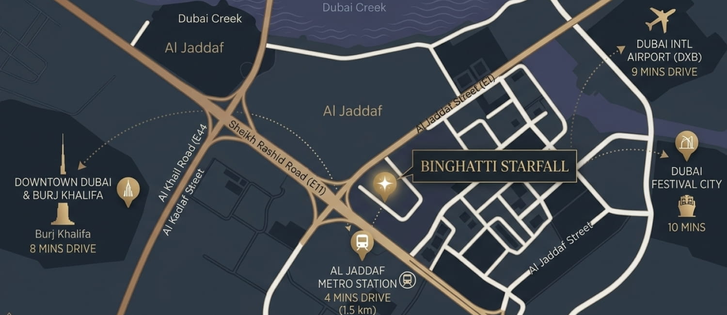 Map showing the location of Binghatti Starfall in Al Jaddaf