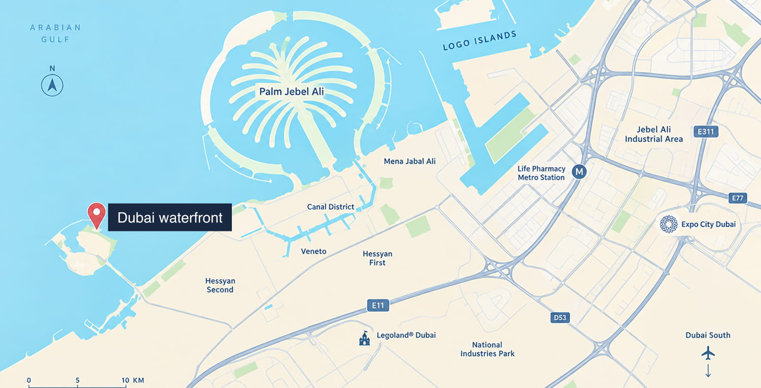 Map of Dubai Waterfront and its surroundings