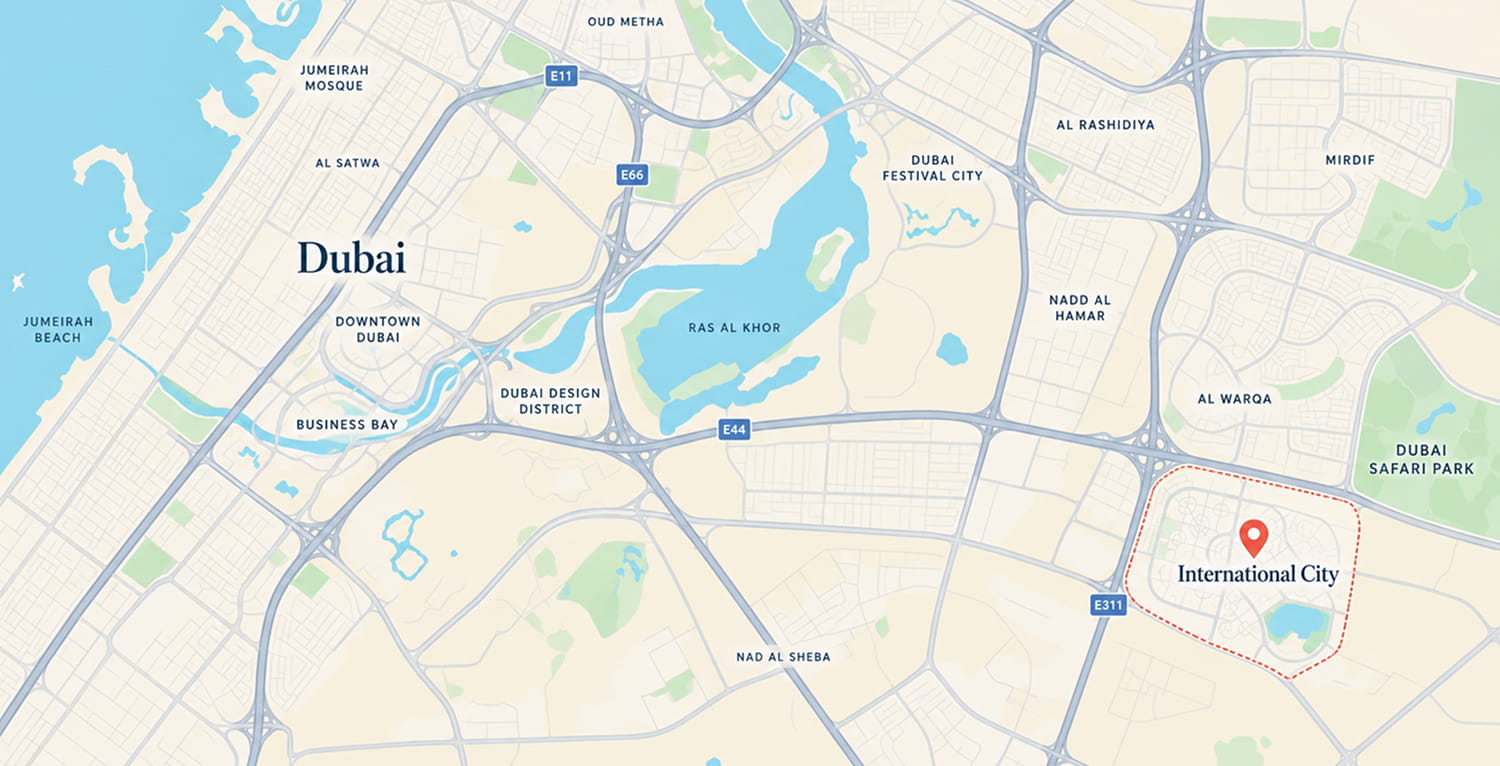 Map of Dubai International City and its surroundings