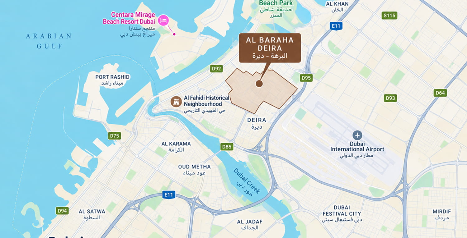 Map of Al Baraha, Deira and its surroundings