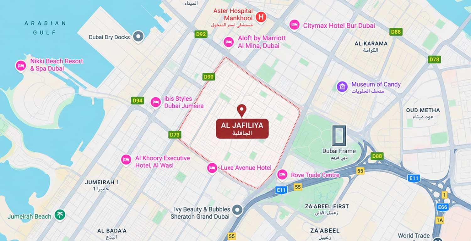 Map of Al Jafiliya and its surroundings