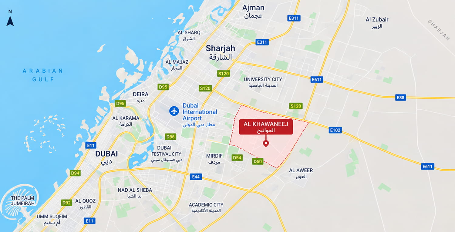 Map of Al Khawaneej and its surroundings