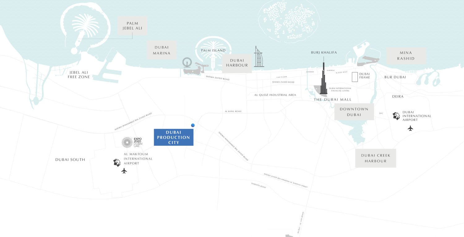 Map of Dubai Production City and its surroundings