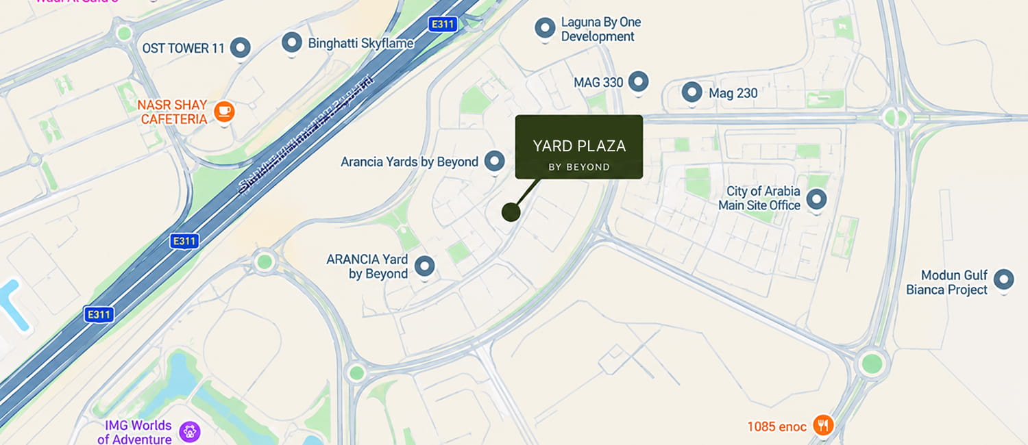 Map showing the location of The Yards Plaza in City of Arabia