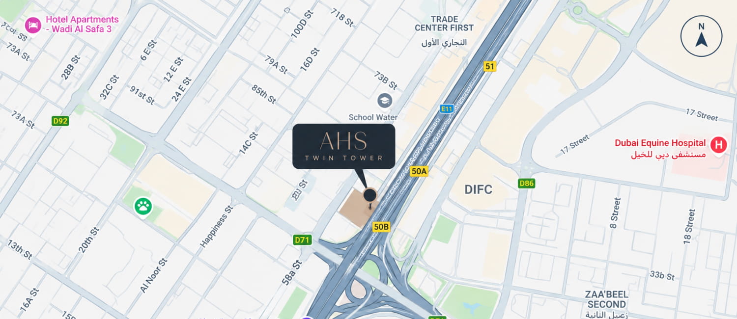 Map showing the location of Twin Towers in Sheikh Zayed Road