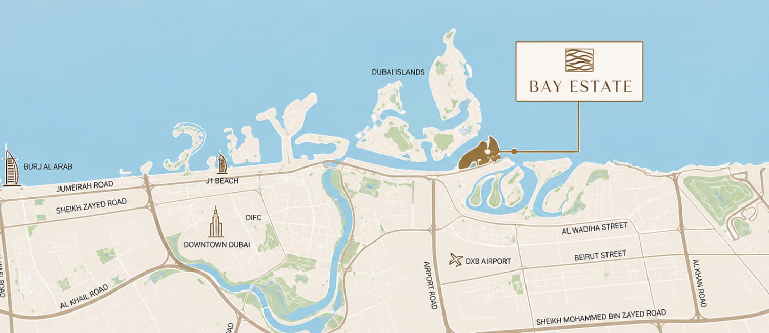 Map showing the location of Bay Estate in Dubai Islands