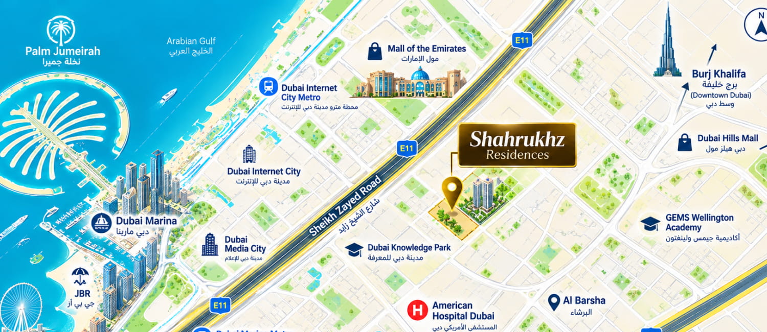 Map showing the location of Shahrukhz Residences in Dubai Maritime City