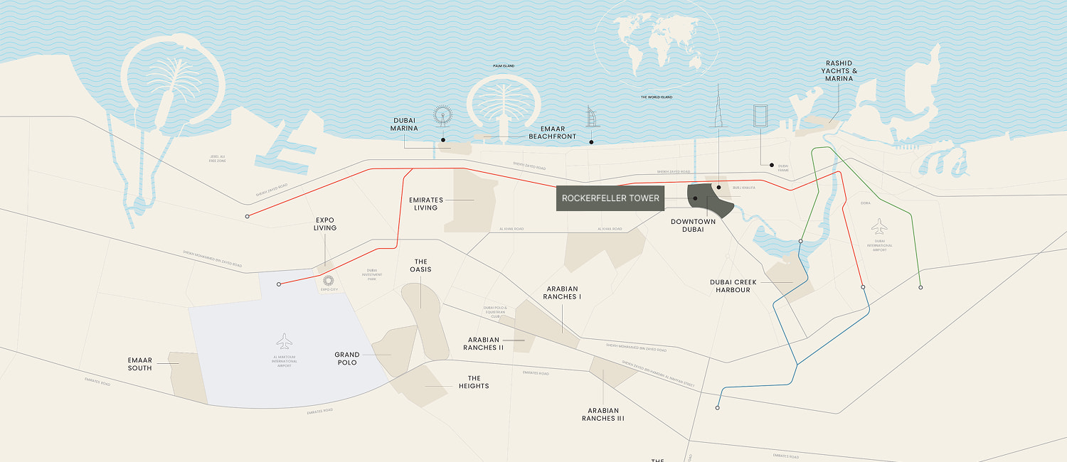 Map showing the location of Christian A. Rockefeller Tower in Business Bay