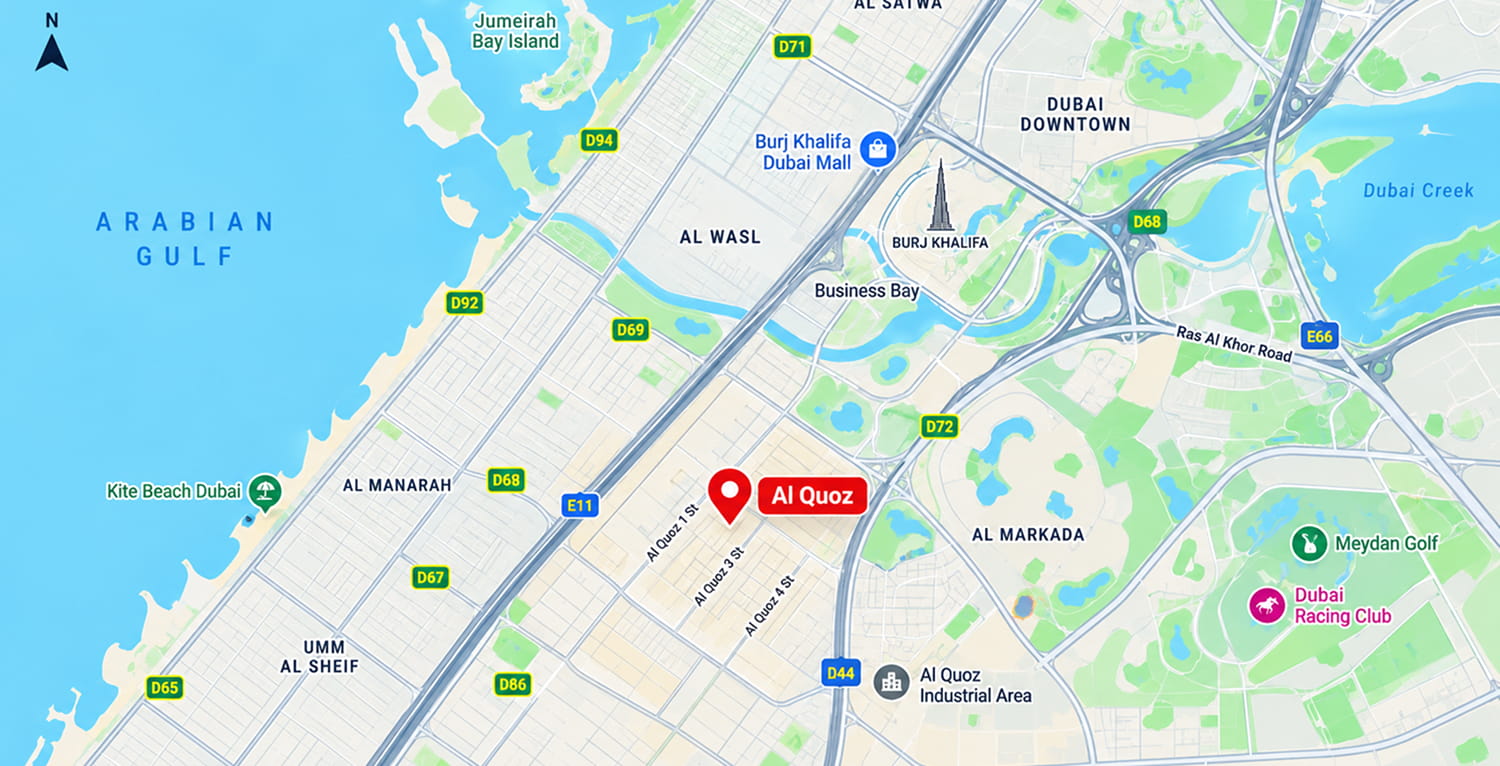 Map of Al Quoz and its surroundings