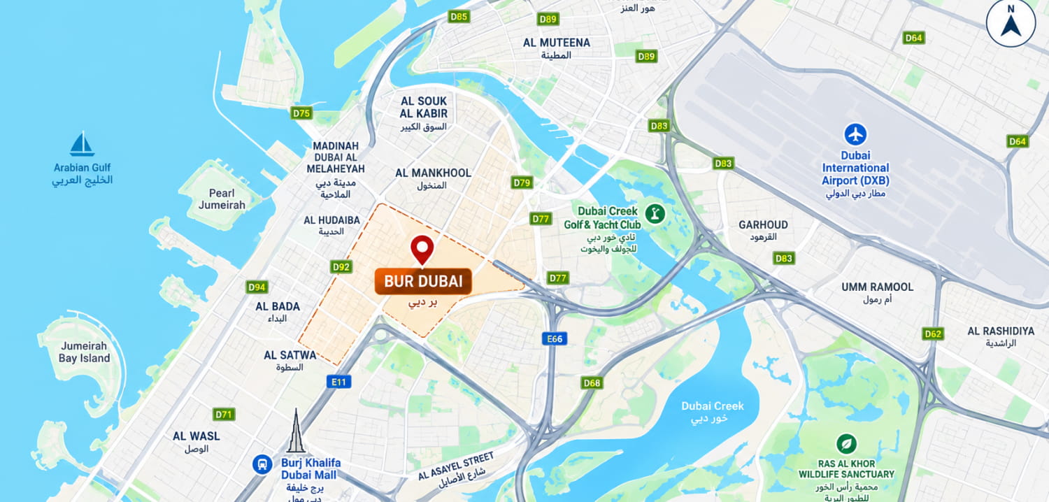 Map of Bur Dubai and its surroundings