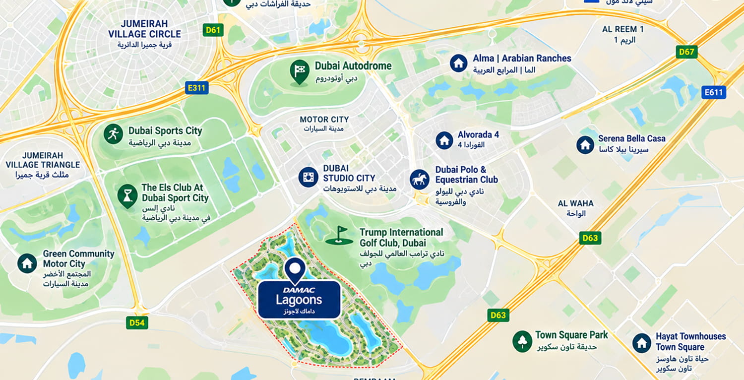 Map of Portofino, DAMAC Lagoons and its surroundings