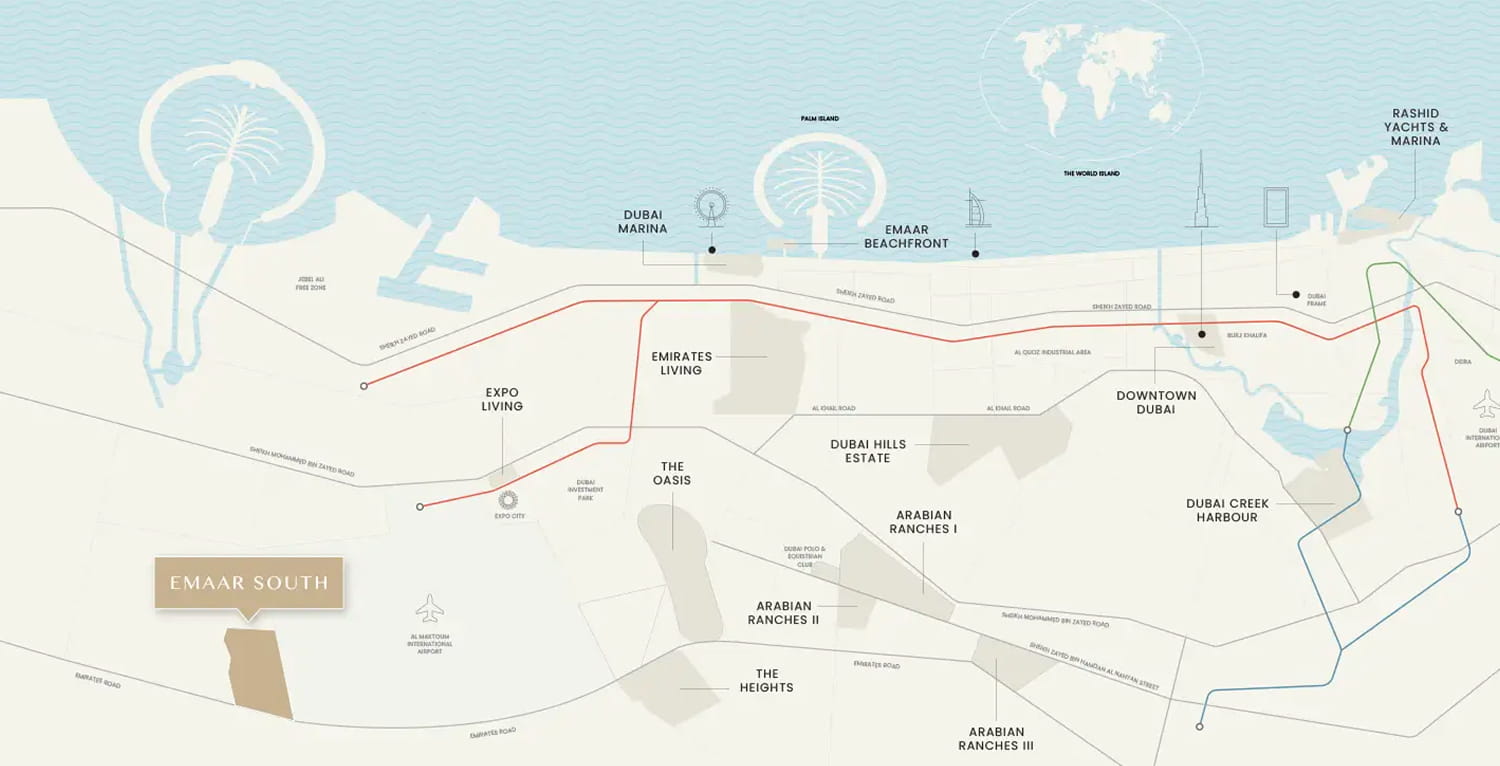 Map of Golf Meadows, Dubai South and its surroundings