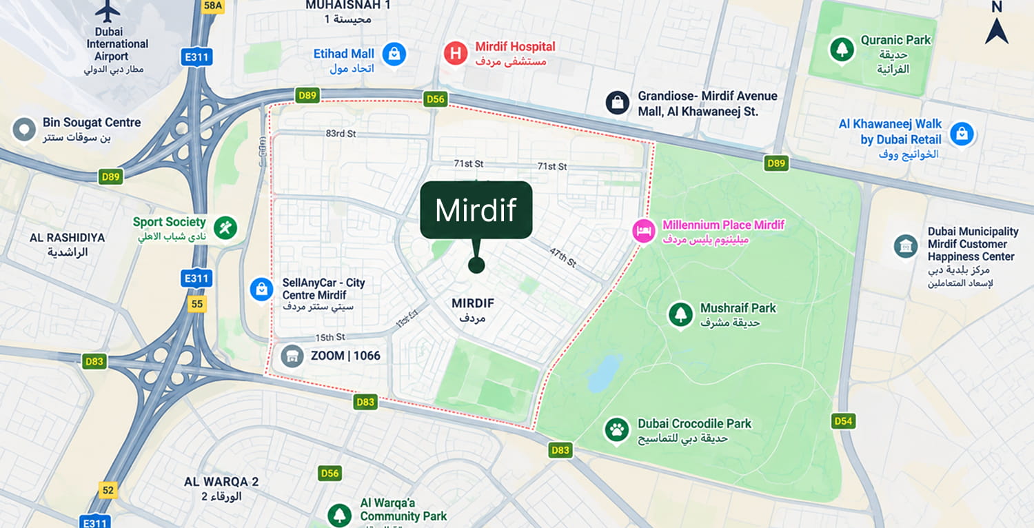 Map of Mirdiff and its surroundings