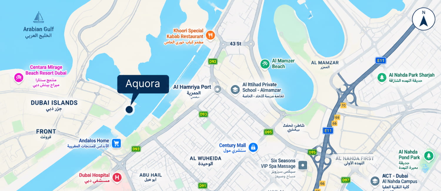 Map showing the location of Aquora in Dubai Islands